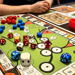 **Image Prompt:** A vibrant and cluttered tabletop at a board game design contest. Prototypes with hand-drawn art, dice, and cards are scattered around. Designers are passionately explaining their games to judges. Emphasize the energy and excitement of the event, reflecting the Spanish board game design community.