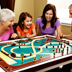 **

A brightly lit family game night scene. A diverse family (parents, children, maybe a grandparent) is gathered around a table, laughing and engaged in a game of "Ticket to Ride". Focus on the colorful game board with its train routes and miniature trains. The atmosphere should be warm, inviting, and emphasize the fun of learning together.

**