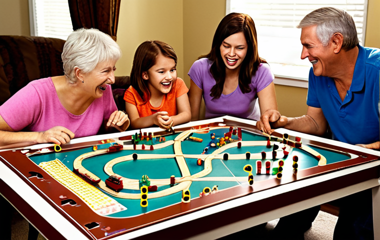 **
A brightly lit family game night scene. A diverse family (parents, children, maybe a grandparent) is gathered around a table, laughing and engaged in a game of "Ticket to Ride". Focus on the colorful game board with its train routes and miniature trains. The atmosphere should be warm, inviting, and emphasize the fun of learning together.
**