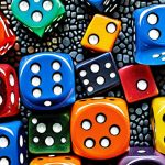 **

A close-up shot of a colorful abstract mosaic wall art piece made from various dice, glued onto a painted canvas. The dice are arranged in a seemingly random but visually appealing pattern, creating a textured surface.

**