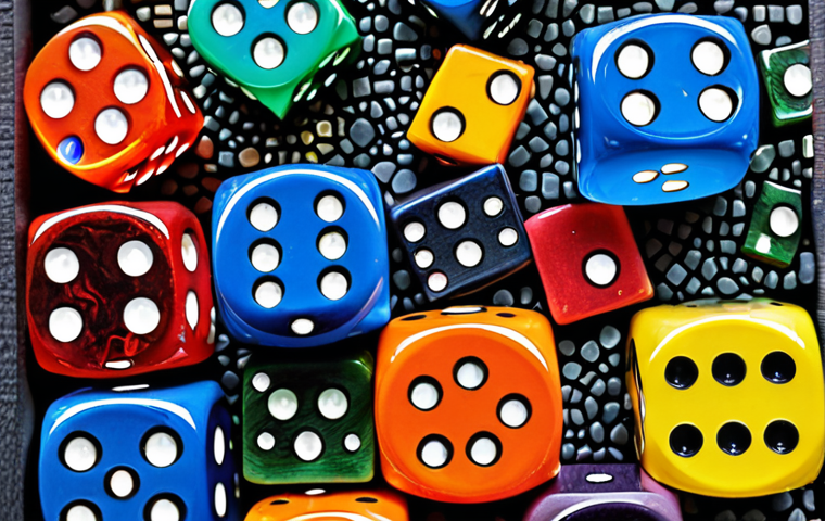 **
A close-up shot of a colorful abstract mosaic wall art piece made from various dice, glued onto a painted canvas. The dice are arranged in a seemingly random but visually appealing pattern, creating a textured surface.
**