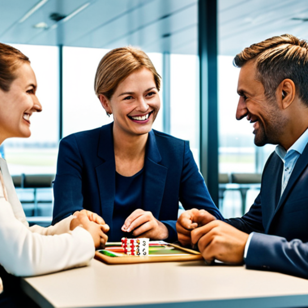 A diverse group of four adult travelers, two men and two women, are seated around a small, clean table in a brightly lit, modern airport lounge, engaged in playing a compact card game. They are fully clothed in comfortable, modest, professional travel attire, with luggage neatly placed beside them. Their expressions show light concentration and friendly smiles, focused entirely on the game. The background is blurred, showing other travelers. Professional photography, high resolution, natural light, crisp detail, perfect anatomy, correct proportions, natural pose, well-formed hands, proper finger count, natural body proportions, safe for work, appropriate content, fully clothed, family-friendly.