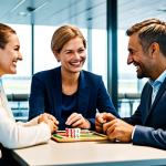 A diverse group of four adult travelers, two men and two women, are seated around a small, clean table in a brightly lit, modern airport lounge, engaged in playing a compact card game. They are fully clothed in comfortable, modest, professional travel attire, with luggage neatly placed beside them. Their expressions show light concentration and friendly smiles, focused entirely on the game. The background is blurred, showing other travelers. Professional photography, high resolution, natural light, crisp detail, perfect anatomy, correct proportions, natural pose, well-formed hands, proper finger count, natural body proportions, safe for work, appropriate content, fully clothed, family-friendly.