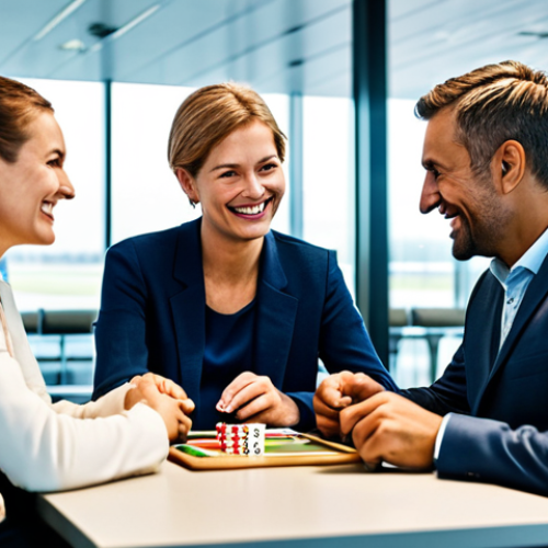 Home 28 A diverse group of four adult travelers, two men and two women, are seated around a small, clean table in a brightly lit, modern airport lounge, engaged in playing a compact card game. They are fully clothed in comfortable, modest, professional travel attire, with luggage neatly placed beside them. Their expressions show light concentration and friendly smiles, focused entirely on the game. The background is blurred, showing other travelers. Professional photography, high resolution, natural light, crisp detail, perfect anatomy, correct proportions, natural pose, well-formed hands, proper finger count, natural body proportions, safe for work, appropriate content, fully clothed, family-friendly.