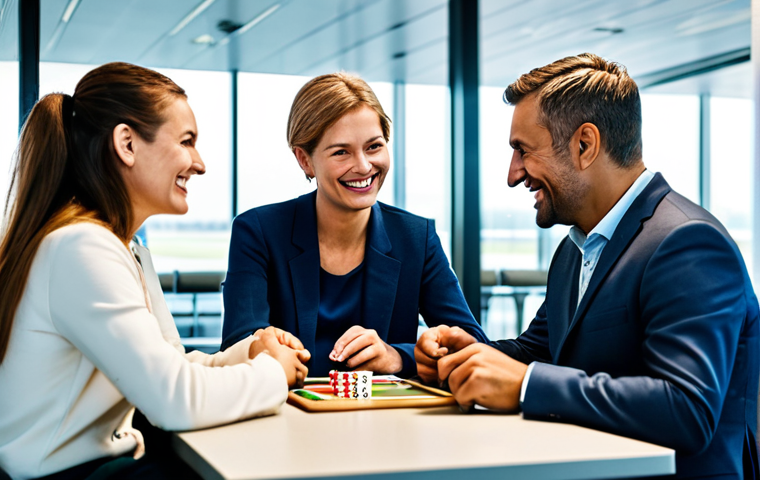 A diverse group of four adult travelers, two men and two women, are seated around a small, clean table in a brightly lit, modern airport lounge, engaged in playing a compact card game. They are fully clothed in comfortable, modest, professional travel attire, with luggage neatly placed beside them. Their expressions show light concentration and friendly smiles, focused entirely on the game. The background is blurred, showing other travelers. Professional photography, high resolution, natural light, crisp detail, perfect anatomy, correct proportions, natural pose, well-formed hands, proper finger count, natural body proportions, safe for work, appropriate content, fully clothed, family-friendly.