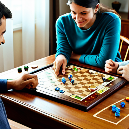 Home 27 A diverse group of three adults, fully clothed in comfortable, modest attire, deeply engaged in a complex board game at a large wooden table. Their expressions show concentration and enjoyment as they strategize. Various well-designed game components including cards, tokens, and intricately detailed meeples are neatly arranged on the tabletop. The background is a warm, inviting living room with soft, ambient lighting. The scene conveys intellectual challenge and shared enjoyment. safe for work, appropriate content, fully clothed, family-friendly, perfect anatomy, correct proportions, natural pose, well-formed hands, proper finger count, natural body proportions.