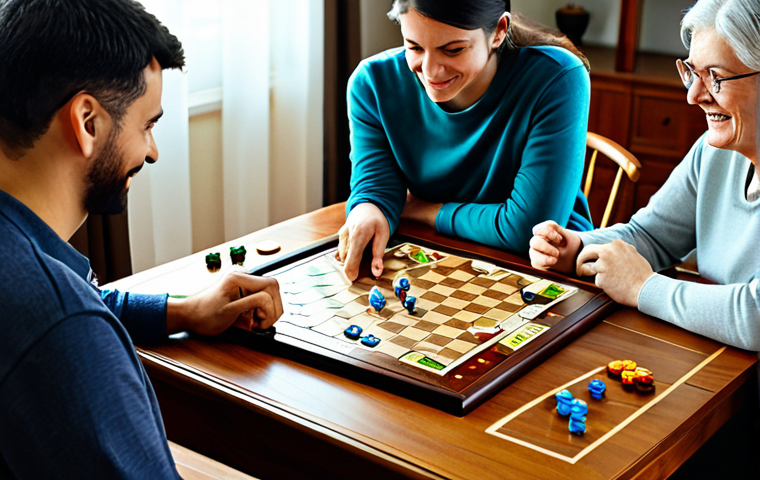 A diverse group of three adults, fully clothed in comfortable, modest attire, deeply engaged in a complex board game at a large wooden table. Their expressions show concentration and enjoyment as they strategize. Various well-designed game components including cards, tokens, and intricately detailed meeples are neatly arranged on the tabletop. The background is a warm, inviting living room with soft, ambient lighting. The scene conveys intellectual challenge and shared enjoyment. safe for work, appropriate content, fully clothed, family-friendly, perfect anatomy, correct proportions, natural pose, well-formed hands, proper finger count, natural body proportions.