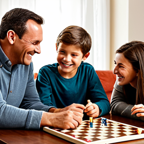 Home 26 Cozy Family Game Night**
A warm, inviting living room scene. A family (mother, father, son, daughter) are gathered around a wooden table, fully clothed in comfortable, casual clothing. They are playing a board game, faces lit with smiles and concentration. Soft lighting from a lamp creates a cozy atmosphere. Bookshelves and a fireplace are visible in the background. Safe for work. Appropriate content. Fully clothed. Family-friendly. Perfect anatomy, correct proportions, natural pose, well-formed hands, proper finger count, natural body proportions, professional quality.
**