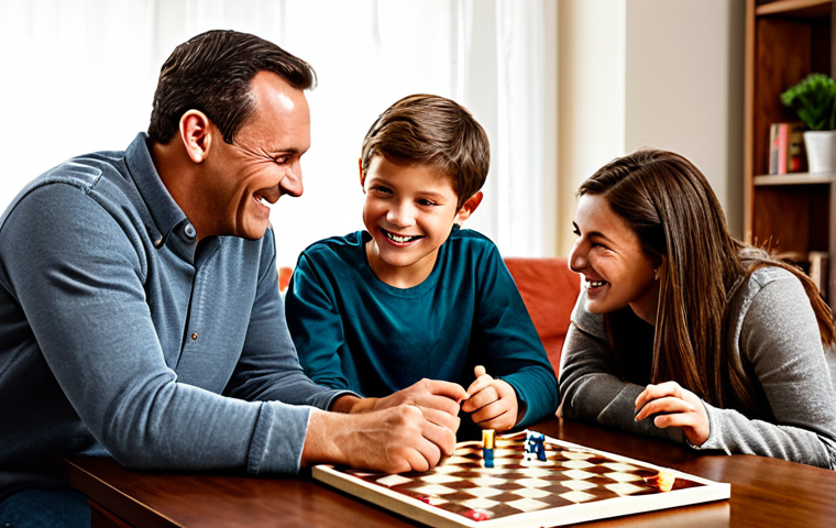 Cozy Family Game Night**

A warm, inviting living room scene. A family (mother, father, son, daughter) are gathered around a wooden table, fully clothed in comfortable, casual clothing. They are playing a board game, faces lit with smiles and concentration.  Soft lighting from a lamp creates a cozy atmosphere.  Bookshelves and a fireplace are visible in the background.  Safe for work. Appropriate content. Fully clothed. Family-friendly.  Perfect anatomy, correct proportions, natural pose, well-formed hands, proper finger count, natural body proportions, professional quality.

**