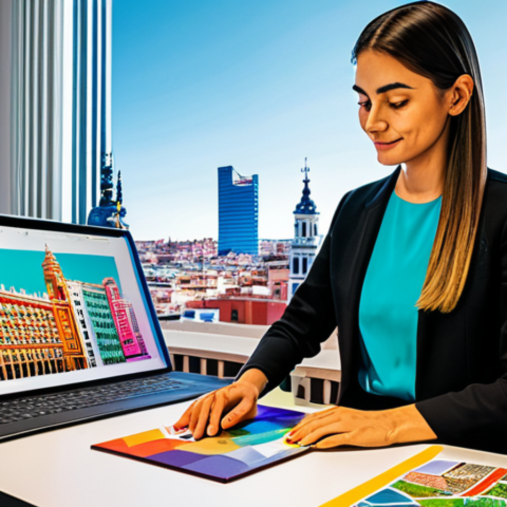 **

"A professional graphic designer, fully clothed in a modern, modest outfit, working on a digital illustration of a Spanish cityscape in a bright, contemporary co-working space. The artwork showcases vibrant colors and iconic landmarks of Madrid. Safe for work, appropriate content, professional, perfect anatomy, well-formed hands, natural pose, high resolution, digital art."

**
