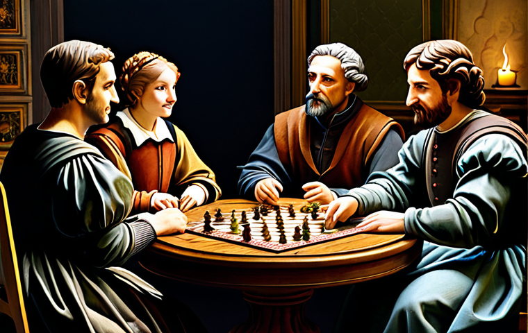 **

A group of friends, fully clothed in casual attire, gathered around a table playing a board game inspired by the Italian Renaissance. The game board is intricately designed, with detailed miniatures representing historical figures. The setting is a cozy living room with warm lighting. Safe for work, appropriate content, family-friendly, perfect anatomy, correct proportions, natural pose, well-formed hands, proper finger count, natural body proportions.

**