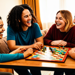 보드게임의 오랜 전통 - **

"A group of diverse friends fully clothed, laughing around a table covered with a colorful board...