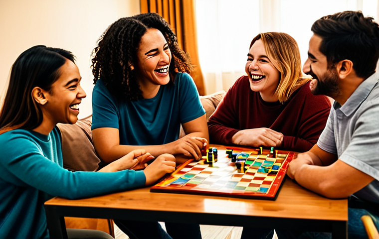 보드게임의 오랜 전통 - **

"A group of diverse friends fully clothed, laughing around a table covered with a colorful board...