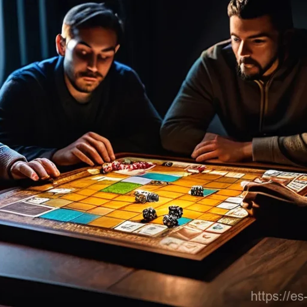 보드게임과 팀워크 - **Hidden Synergy in Every Dice Roll:** A high-angle, detailed shot of a diverse group of four to fiv...
