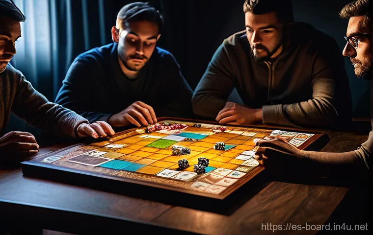 보드게임과 팀워크 - **Hidden Synergy in Every Dice Roll:** A high-angle, detailed shot of a diverse group of four to fiv...