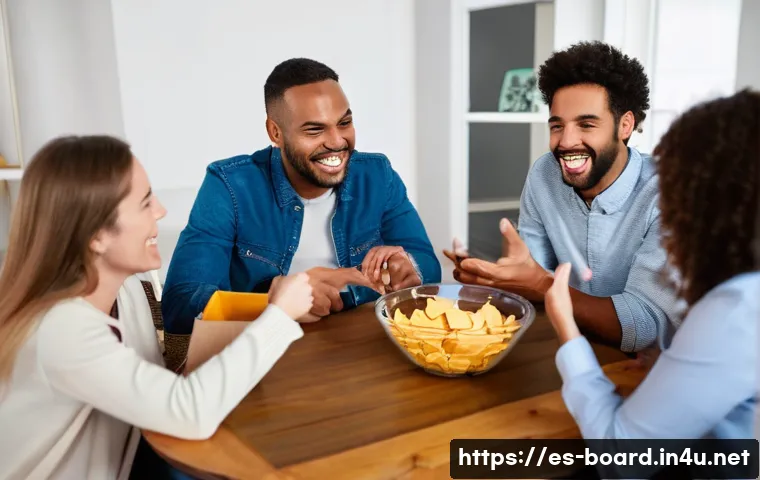 보드게임과 유머 요소 - **Lively Card Game Night:** A diverse group of four to five adult friends, all dressed in comfortabl...