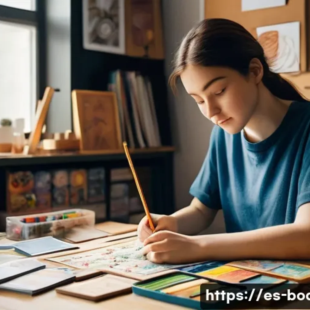 보드게임 팬아트 공모전 - **Prompt:** "A young, focused female artist, dressed in comfortable casual clothes like a graphic t-...