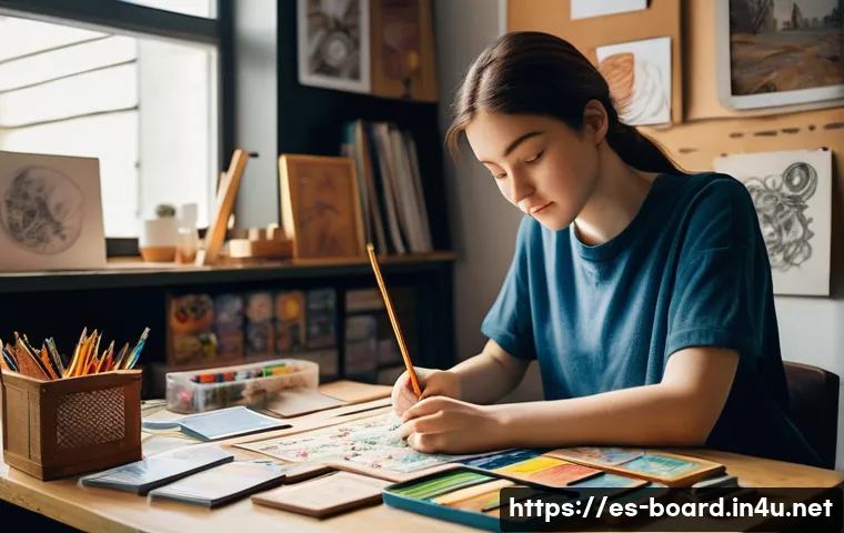 보드게임 팬아트 공모전 - **Prompt:** "A young, focused female artist, dressed in comfortable casual clothes like a graphic t-...