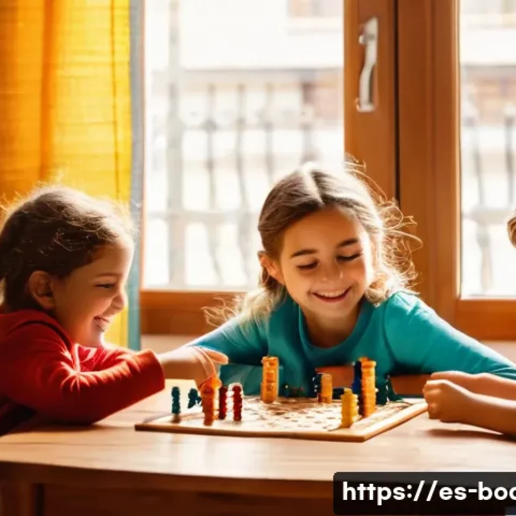 어린이용 보드게임 - A warm family scene in a bright, cozy living room in a typical Spanish home, featuring parents and c...