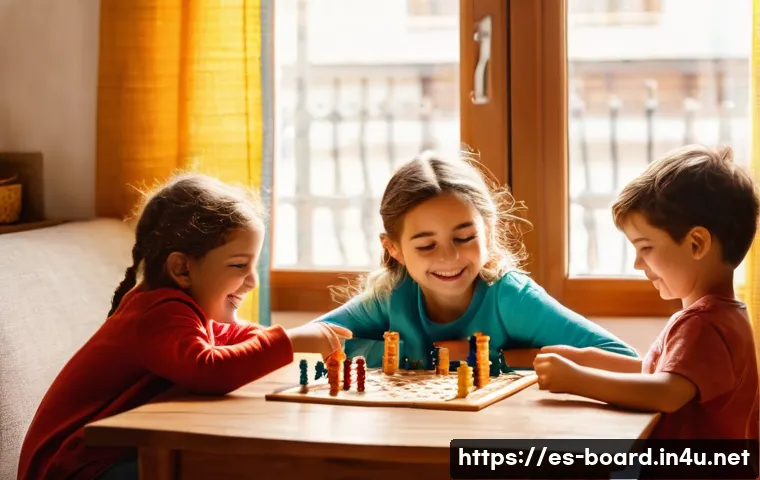 어린이용 보드게임 - A warm family scene in a bright, cozy living room in a typical Spanish home, featuring parents and c...