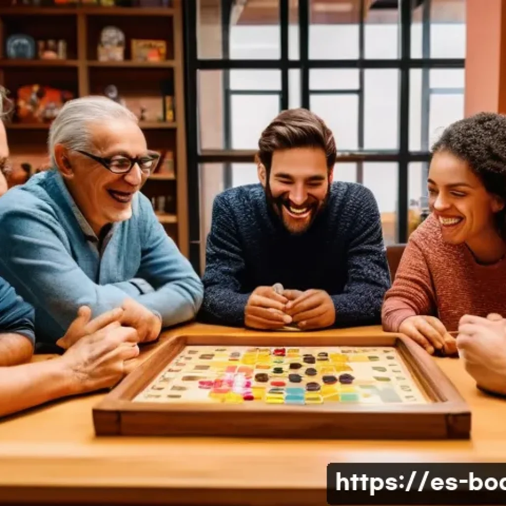 보드게임 클럽 가입 - A diverse group of people gathered around a large wooden table in a cozy, warmly lit board game club...