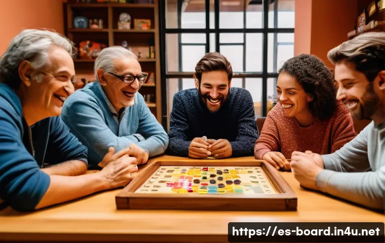 보드게임 클럽 가입 - A diverse group of people gathered around a large wooden table in a cozy, warmly lit board game club...