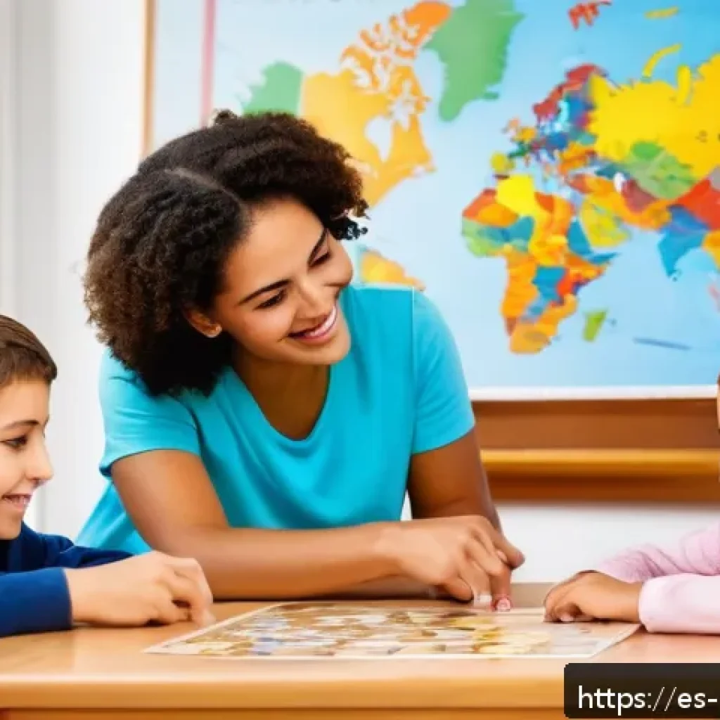 보드게임 커리큘럼 - A bright and cozy classroom scene in a Spanish-speaking country with a diverse group of children age...