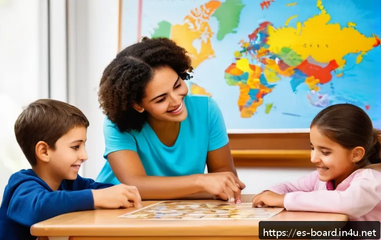 보드게임 커리큘럼 - A bright and cozy classroom scene in a Spanish-speaking country with a diverse group of children age...