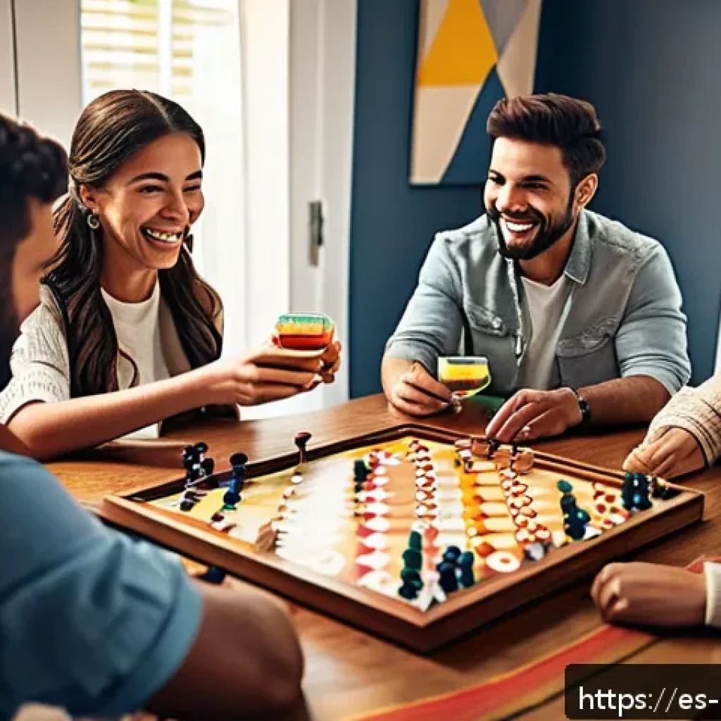 보드게임 장르별 특징 - A warm, inviting living room scene with a diverse group of friends gathered around a large wooden ta...