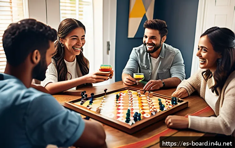 보드게임 장르별 특징 - A warm, inviting living room scene with a diverse group of friends gathered around a large wooden ta...