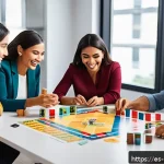 보드게임과 협력 활동 - A diverse group of Hispanic office colleagues engaged in a lively team-building session around a lar...