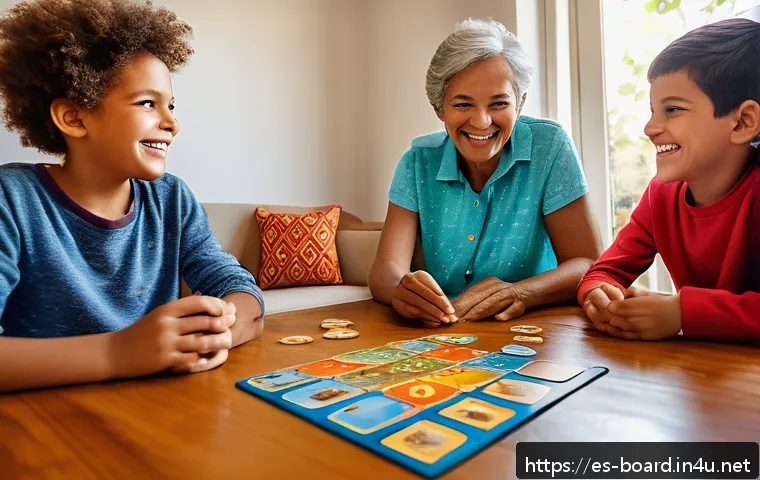 보드게임 기프트 추천 - A warm, inviting family scene around a wooden table playing the board game "Dixit," featuring divers...