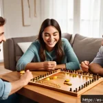 보드게임과 친구 관계 - A lively family game night scene in a cozy living room with warm lighting, showing diverse family me...