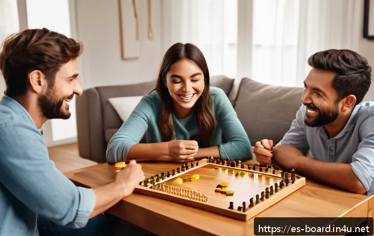 보드게임과 친구 관계 - A lively family game night scene in a cozy living room with warm lighting, showing diverse family me...