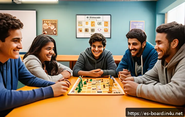 보드게임 동호회 운영법 - A cozy board game club scene in a bright, welcoming community center room with diverse players aged ...
