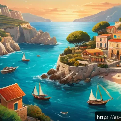보드게임 창작 워크숍 - A vibrant Mediterranean coastal scene at sunset, inspired by a board game exploration theme. Include...