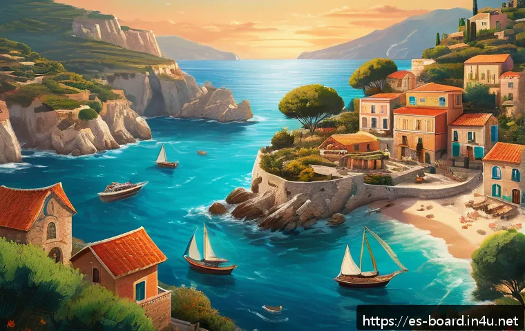 보드게임 창작 워크숍 - A vibrant Mediterranean coastal scene at sunset, inspired by a board game exploration theme. Include...